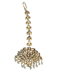 Gold & Pearl - Long necklace, Short Necklace, Earrings & Tika Headpiece Gold Finish Necklace Set with Earrings - SB2401 11KR24