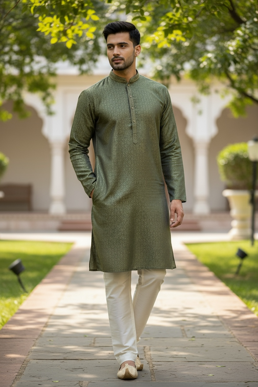 Sage Green - Banarasi Handloom Brocade Mens Indian Kurta set with Trousers - UK Stock - Weddings / Walimas , Sangeet, Diwali, Eid, Mehndi / Henna - VEE2443 VR