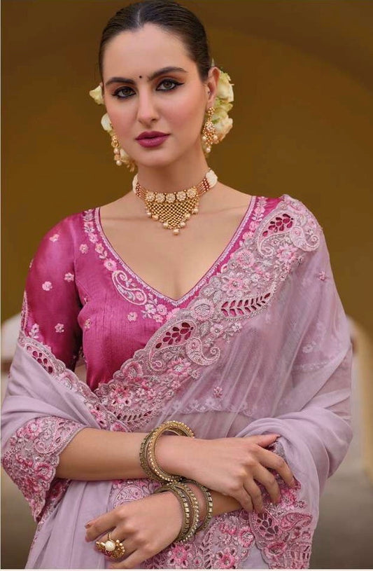 Lilac - Chiffon Saree with Fancy Ready made Blouse - TAT6905  JY 0624