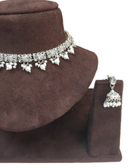 Clear - Small Size Silver Finish Necklace Set with Earrings - VJY402  A 0424