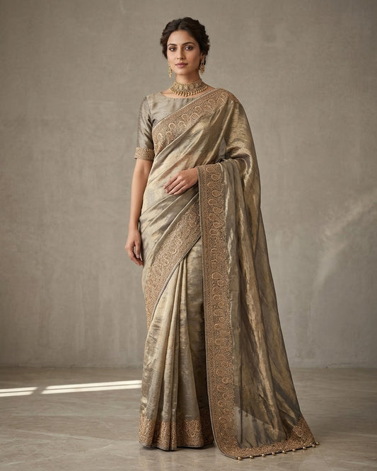 Antique Gold - Fancy Party Saree with Blouse Piece - UK stock - 24hr Dispatch - SP2608 VP