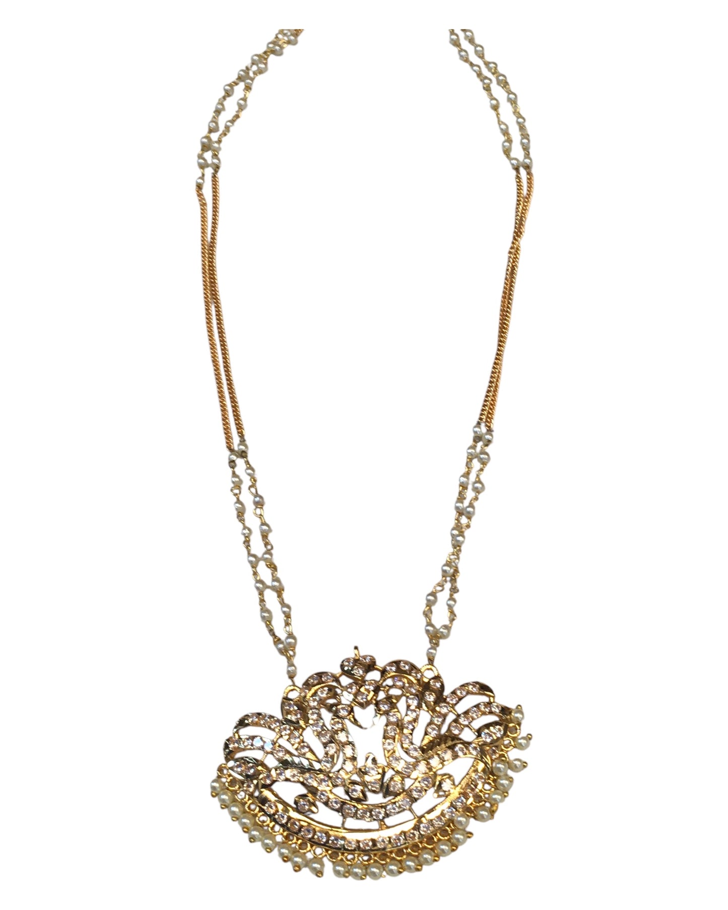 Gold & Pearl - Long necklace, Short Necklace, Earrings & Tika Headpiece Gold Finish Necklace Set with Earrings - SB2401 11KR24