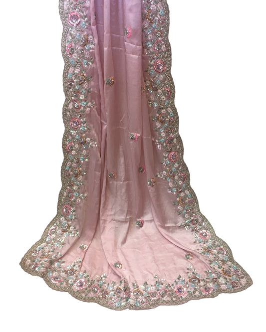 Baby Pink - Pastel Sequins Silky Saree with Blouse Piece - MF3801  JJ 0824
