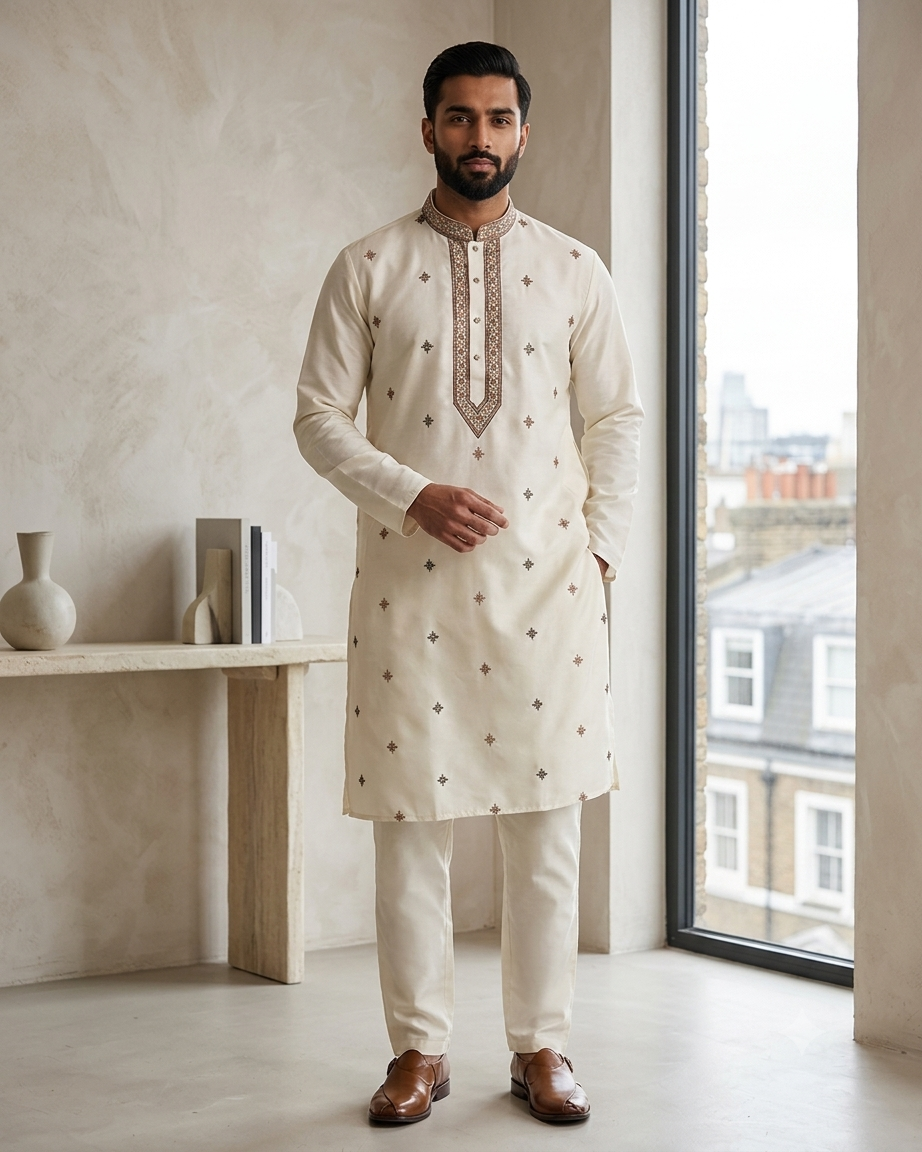 White / Off White - Soft Cotton Silky Mens Kurta Set with Neck Thread Embroidery- Sangeet Mehendi Haldi - KCS1025 06VY26