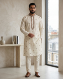White / Off White - Soft Cotton Silky Mens Kurta Set with Neck Thread Embroidery- Sangeet Mehendi Haldi - KCS1025 06VY26