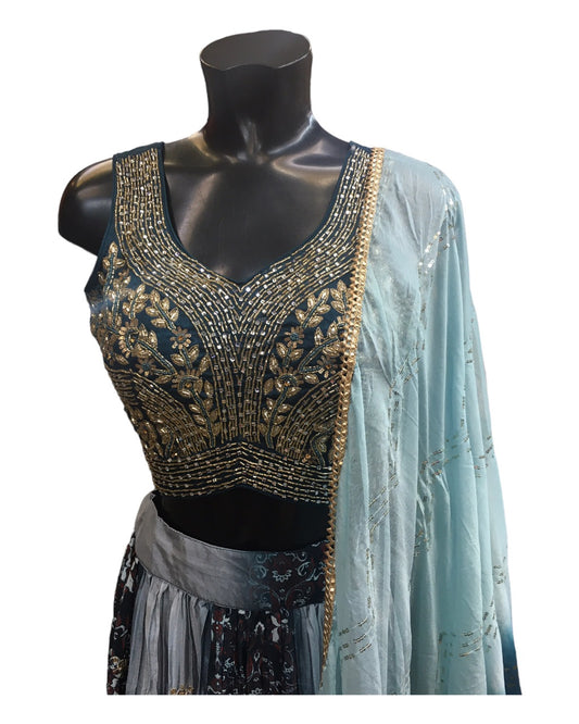 Teal Blue Printed Lehenga Set - Size 12(38") - UK Stock - 24h Dispatch - KTC2443 TY0124