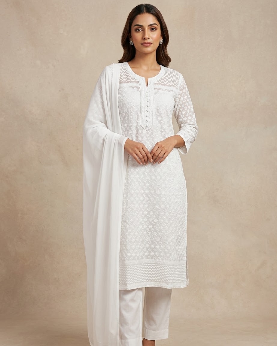 XS to XXXL - White - Lucknowi Cotton Ladies Salwar Kameez / Punjabi Suit with Chiffon Dupatta - Funeral  / Church ARV2176 KC