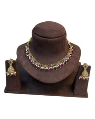 Purple - Medium Size Antique Gold Finish Necklace Set with Earrings - RAK375 Pp