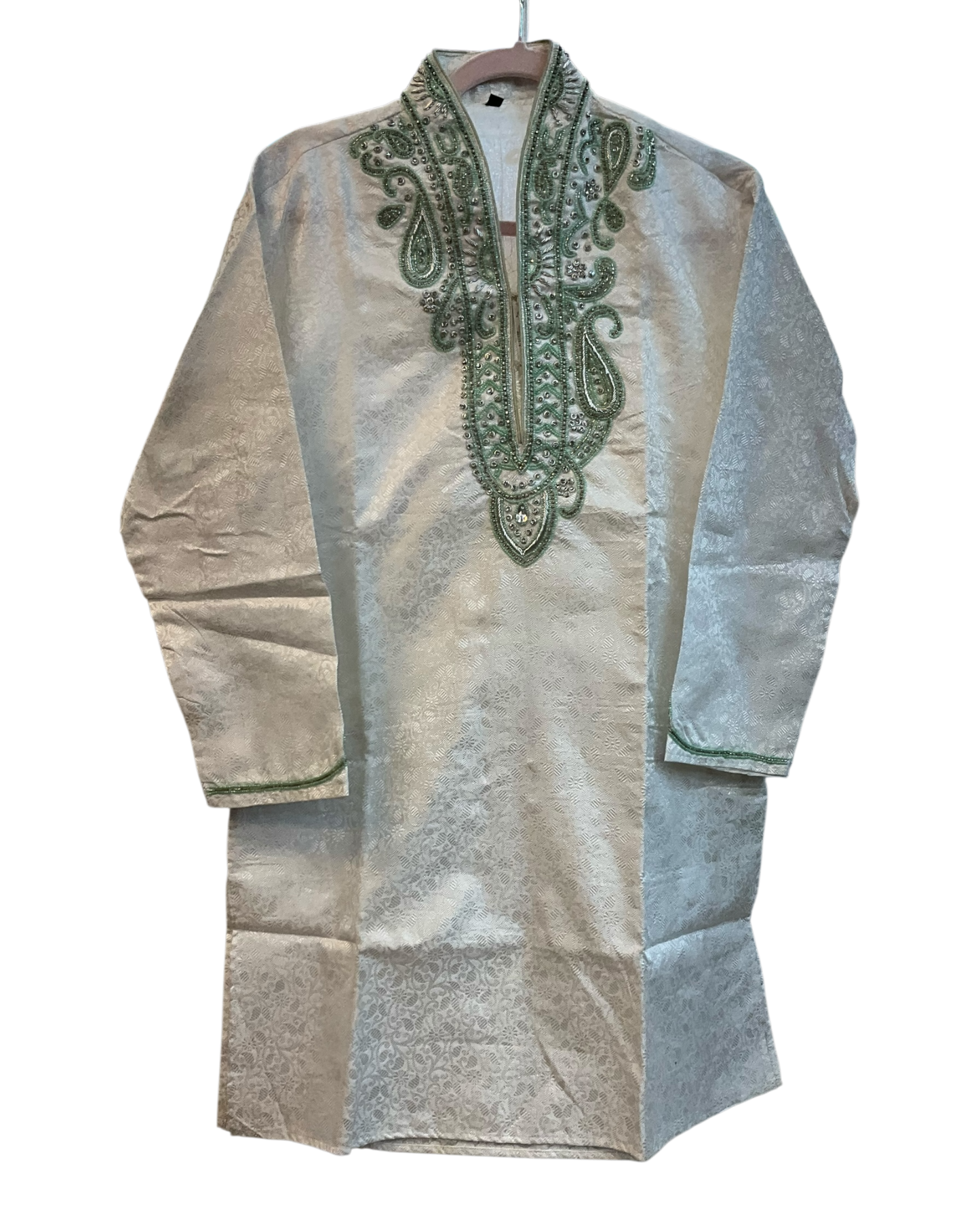 SALE! Size 42" - White - Mens Brocade Kurta Top with Light Green Bead and Stone Embroidery - SALE2601