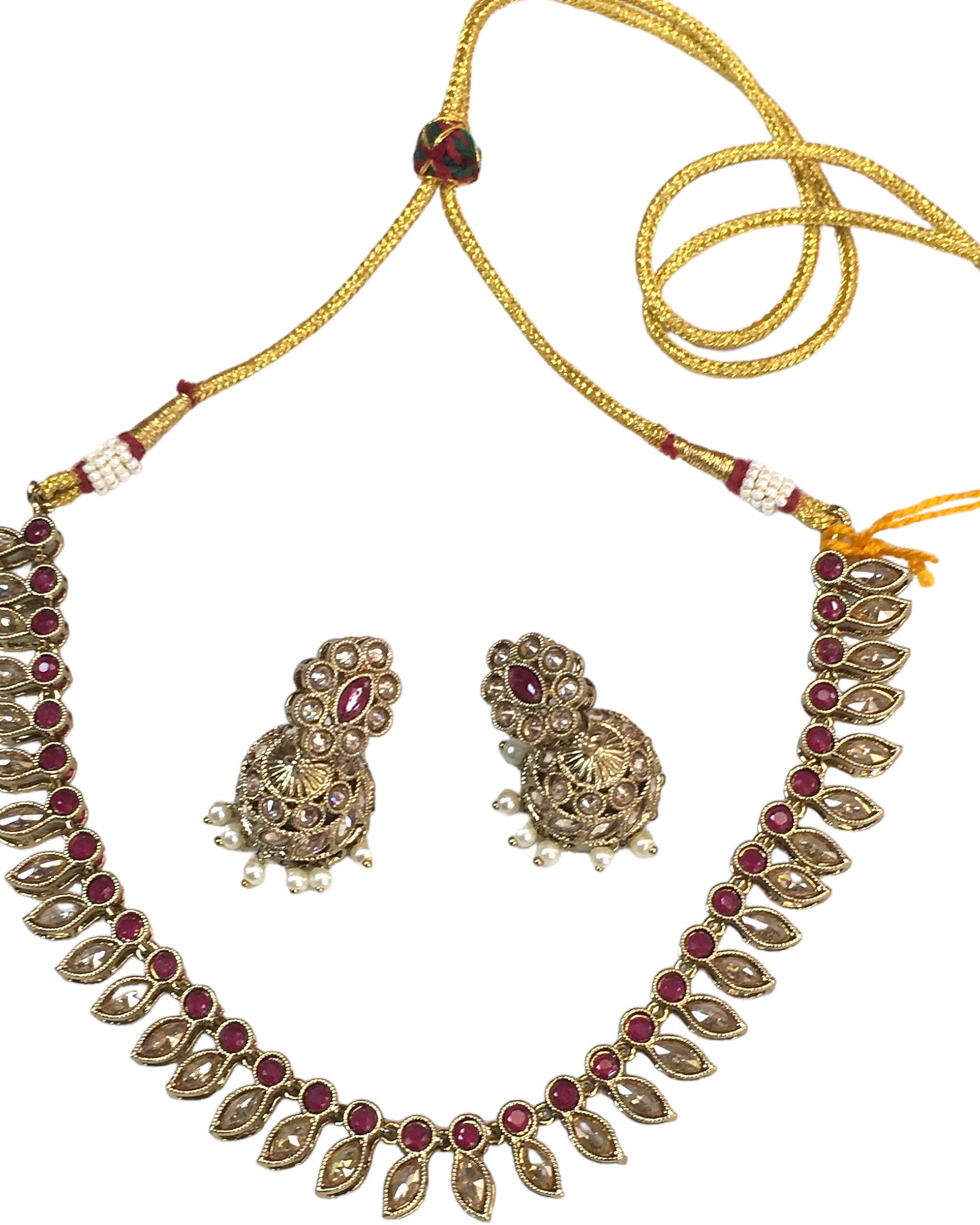 Maroon - Small Size Antique Gold Finish Necklace Set with Earrings - SV2404  C 0424