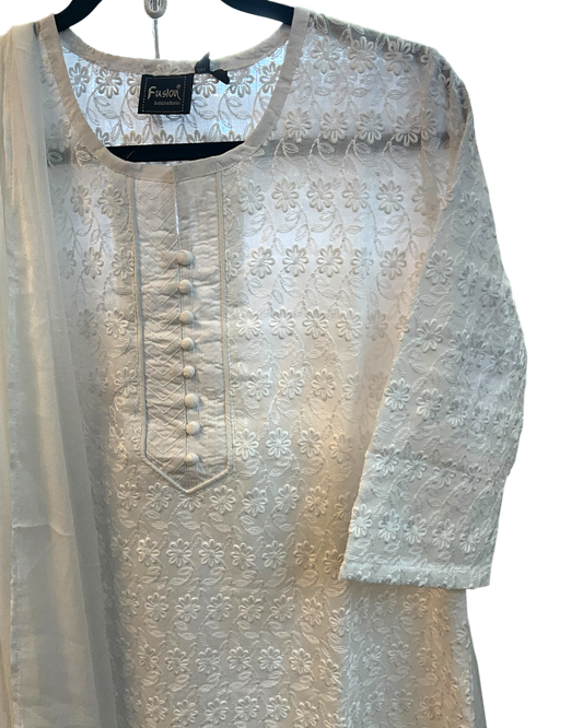 XS to XXXL - White - Lucknowi Cotton Ladies Salwar Kameez / Punjabi Suit with Chiffon Dupatta - Funeral  / Church ARV4380 KC
