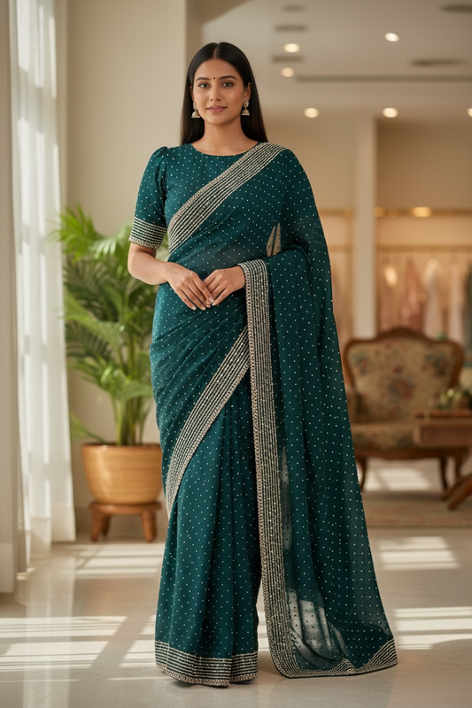Teal - Classic Satin Crepe Saree with Stone Work and Blouse Piece - UK stock - 24hr Dispatch - RS2531 VY