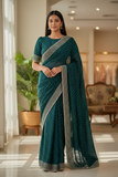 Teal - Classic Satin Crepe Saree with Stone Work and Blouse Piece - UK stock - 24hr Dispatch - RS2531 VY