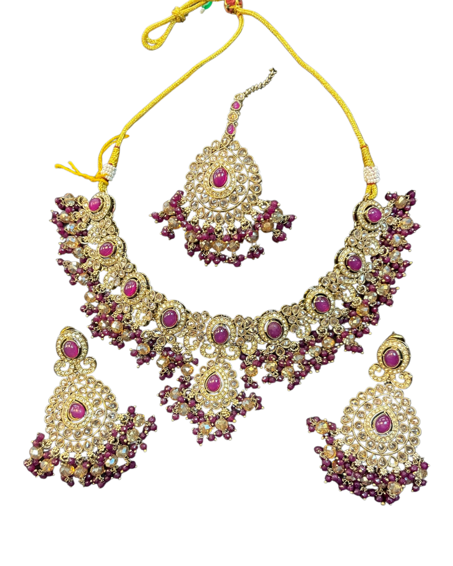 Purple / Wine - Large - Antique Gold Finish Necklace Set with Earrings & Head Piece - AE2512 08KV25