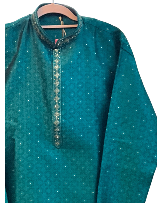 Jade Green - Banarasi Handloom Brocade Mens Indian Kurta set with Trousers - UK Stock - Weddings / Walimas , Sangeet, Diwali, Eid, Mehndi / Henna - VEE3133 VY