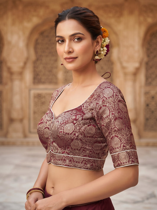 Size 38" / UK 12 - Maroon - Banarasi Brocade Saree Blouse with Elbow-Length Sleeves - UK Stock - With Margin inside - VAM1358 - H