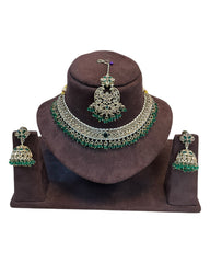 Green - Medium Size Antique Gold Finish Necklace Set with Earrings & Tika Head piece - GGA05  KV 0525