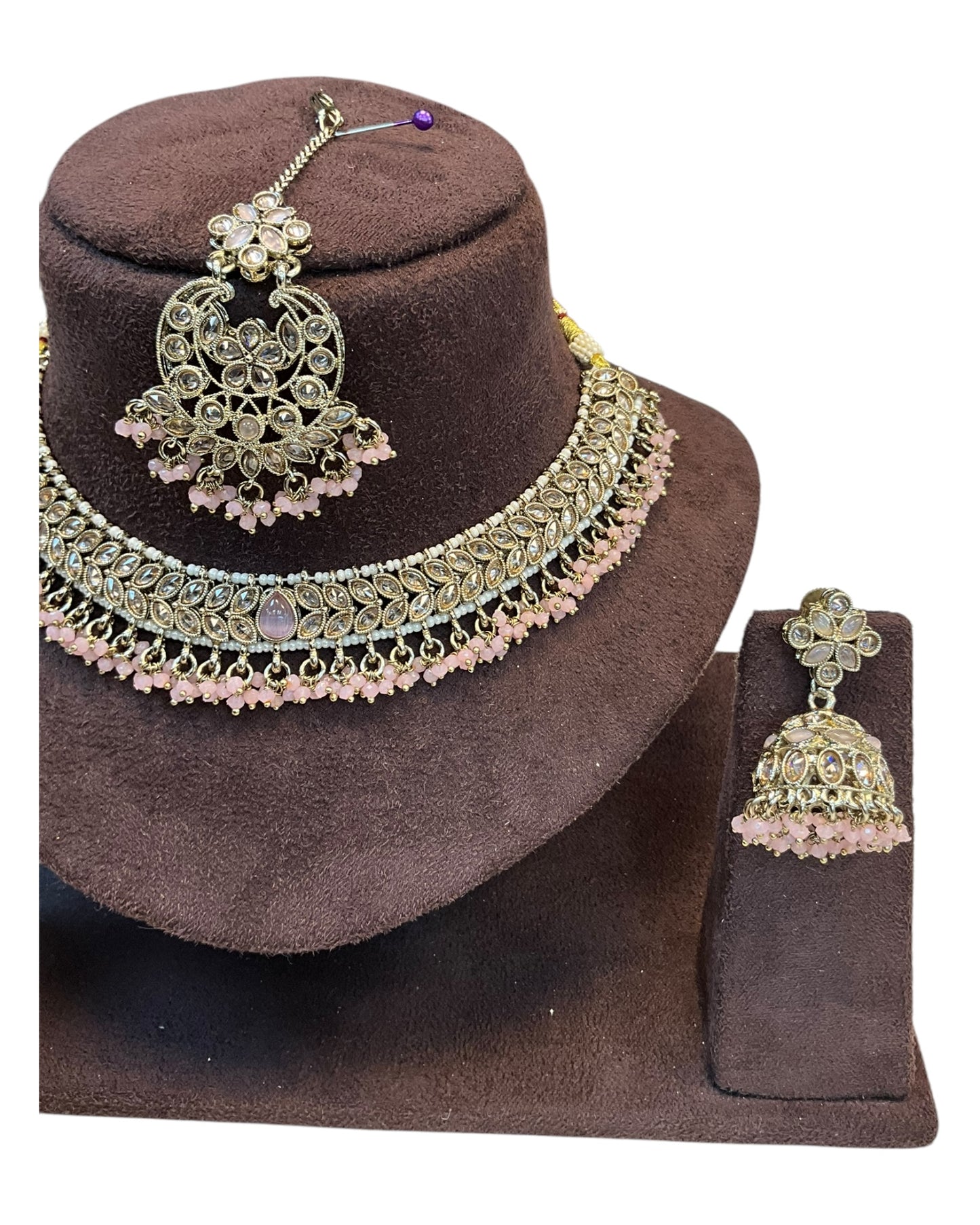 Baby Pink  - Medium Size Antique Gold Finish Necklace Set with Earrings & Tika Head piece - GGA05  KV 0525
