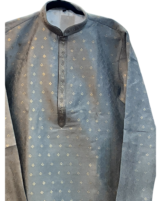 Light Grey / Silver - Men’s Embroidered Jacquard Kurta Set with Trousers - UK Stock - Weddings / Walimas , Sangeet, Diwali, Eid, Mehndi / Henna - VEE2777 KC