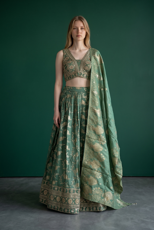 Size UK 14 (40" Bust) Adjustable to Size 14 - Mint Green - Banarasi Silky Lehenga Set - Mehndi / Sangeet / Bridesmaids / Weddings / Garba  - UK Stock - 24h Dispatch - JF10530 05PA26