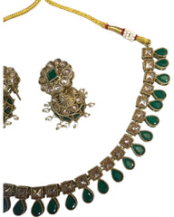 Green - Medium Size Antique Gold Finish Necklace Set with Earrings - SV2403  H 0424