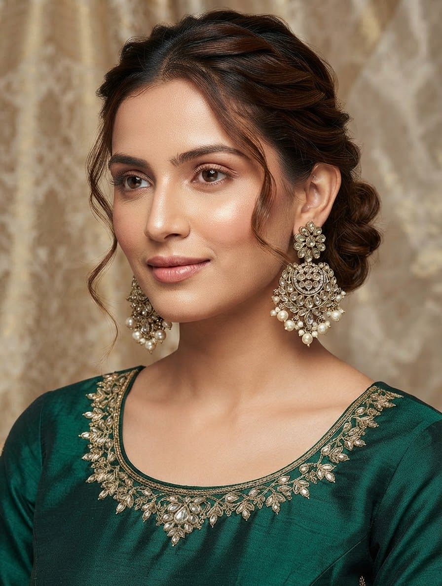 Gold / LCT Stones - Antique Polki &amp; Pearl Chandbali Earrings - 6ER223 10R26