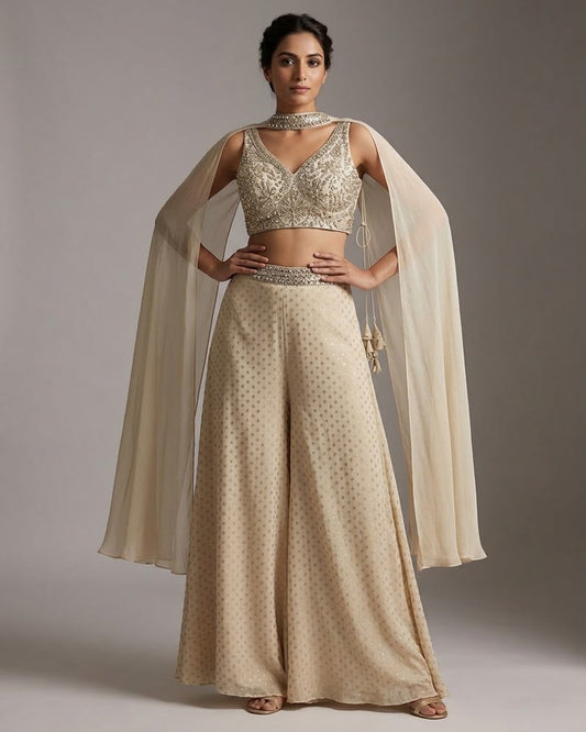 Beige / Light Gold - Designer Ladies Short Top Palazzo Trousers Suit - Size 12 (38") - VMK Rekha 09PT25