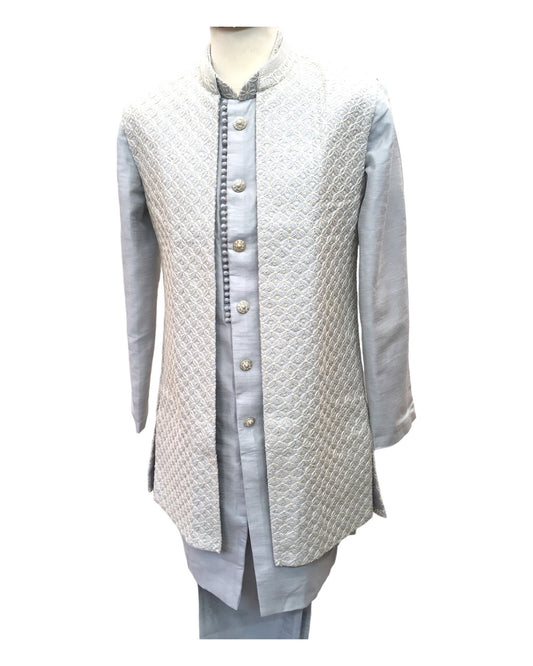 Light Grey / Silver - Mens Soft Sherwani with Long Waistcoat - UK Stock - 24h Dispatch - SARDAR TP 0923