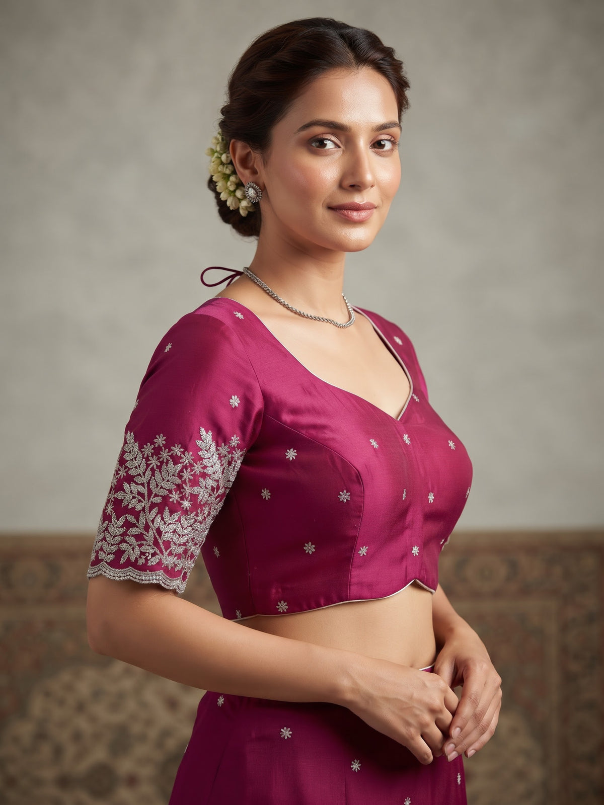 Size 40" / UK 14 - Fuchsia Pink - Zari Embroidered Silk Blouse with Elbow-Length Sleeves - UK Stock - With Margin inside - VAM1296 - KY