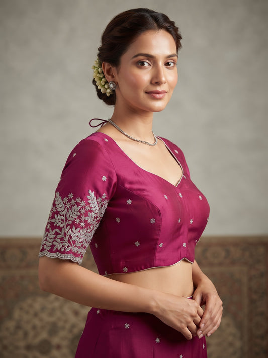 Size 40" / UK 14 - Fuchsia Pink - Zari Embroidered Silk Blouse with Elbow-Length Sleeves - UK Stock - With Margin inside - VAM1296 - KY