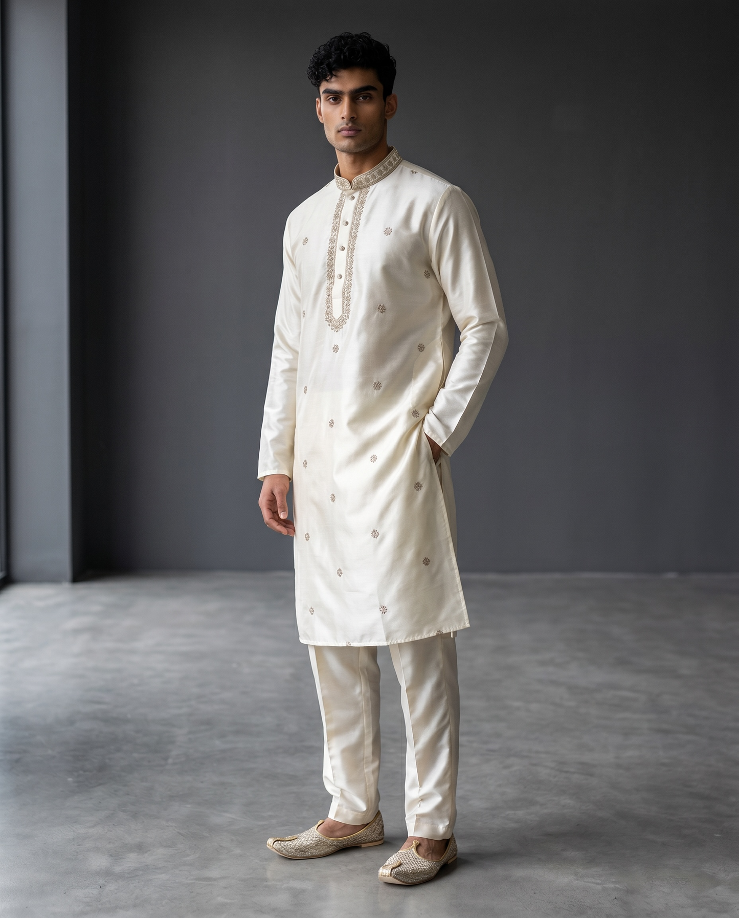 Off White / Cream - Soft Cotton Silky Mens Kurta Set with Neck Thread Embroidery- Sangeet Mehendi Haldi - KCS1019 06KC26