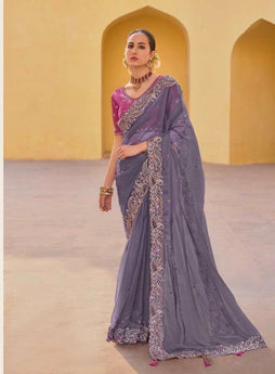 Purple - Chiffon Saree with Fancy Ready made Blouse - TAT6909  TR 0624