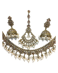 Gold / Neutral - Antique Gold Finish Necklace & Earrings Set - Bollywood - Weddings - KAJ1035 11KK24