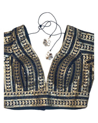Petrol Blue - Fully Embroidered Low Front and Back Gota Patti Saree / Lehenga blouse - 40