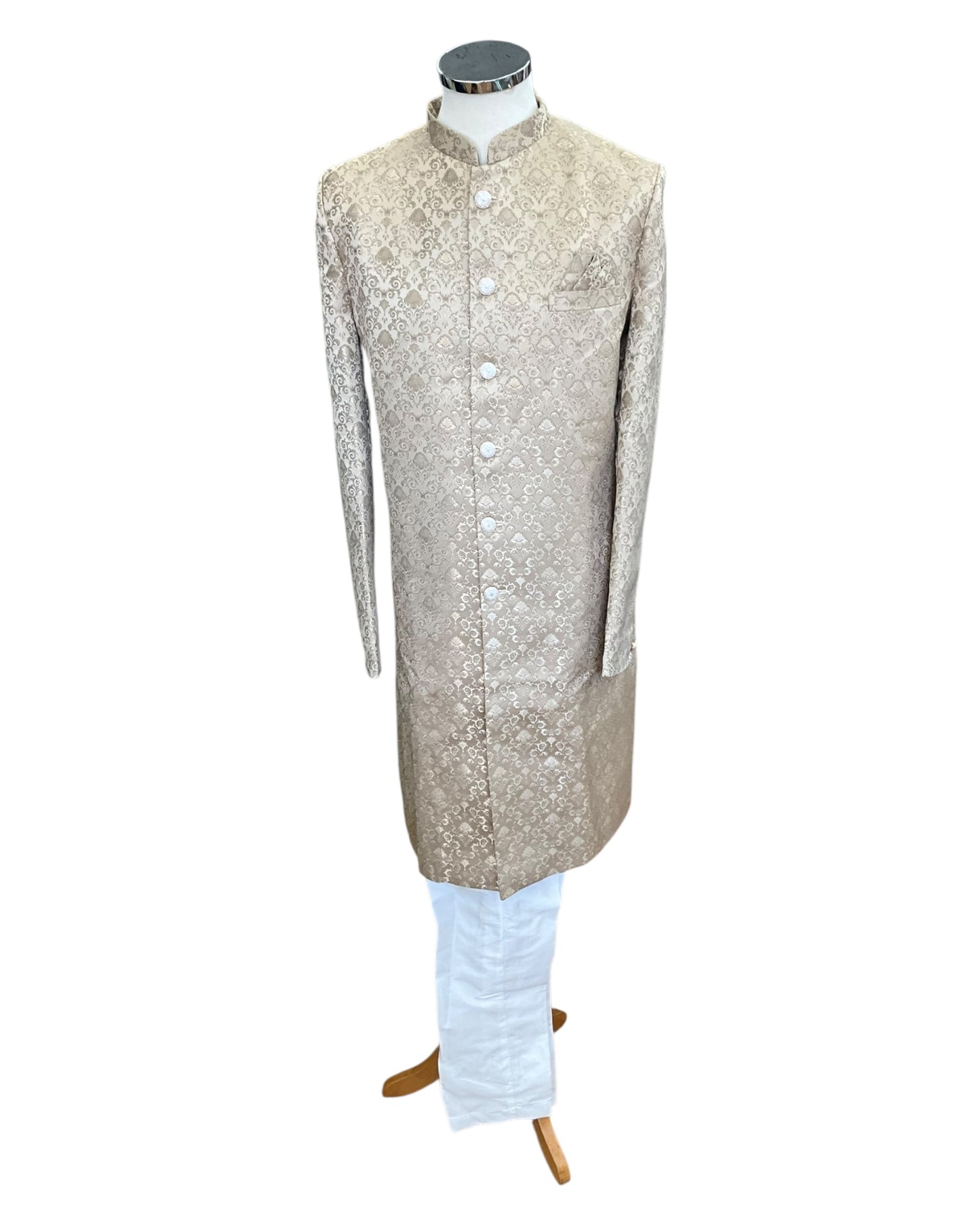 Beige / Gold - Classic Self Brocade Mens Sherwani with Quality Buttons - Smart Trousers - UK stock - 2/3 Days Delivery - YD2504 PY