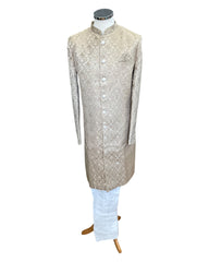 Beige / Gold - Classic Self Brocade Mens Sherwani with Quality Buttons - Smart Trousers - UK stock - 2/3 Days Delivery - YD2504 PY