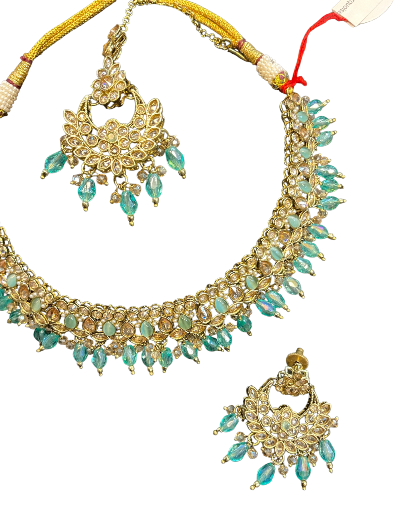 Turquoise Blue - Medium Size Antique Gold Finish Necklace Set with Earrings - RZ31 KYp