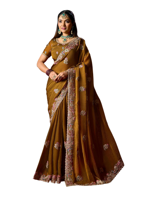 Dark Gold - Fancy Party Saree with Blouse Piece - UK stock - 24hr Dispatch - LTF901 07VV26
