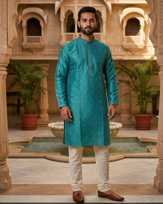 Turquoise Green - Banarasi Handloom Brocade Mens Indian Kurta set with Trousers - UK Stock - Weddings / Walimas , Sangeet, Diwali, Eid, Mehndi / Henna - VEE3023 VY
