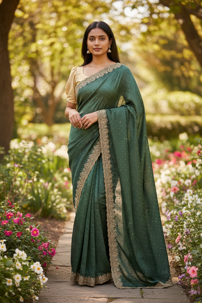 Sage Green - Chiffon - Fancy Party Saree with Blouse Piece - 11KP24 SP2423