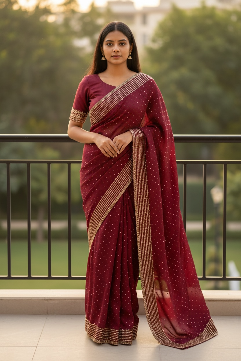 Magenta - Classic Satin Crepe Saree with Stone Work and Blouse Piece - UK stock - 24hr Dispatch - RS2531 VY