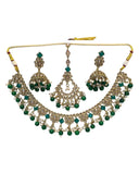 Green - Antique Gold Finish Necklace & Earrings Set - Bollywood - Weddings - KAJ1035 11KK24