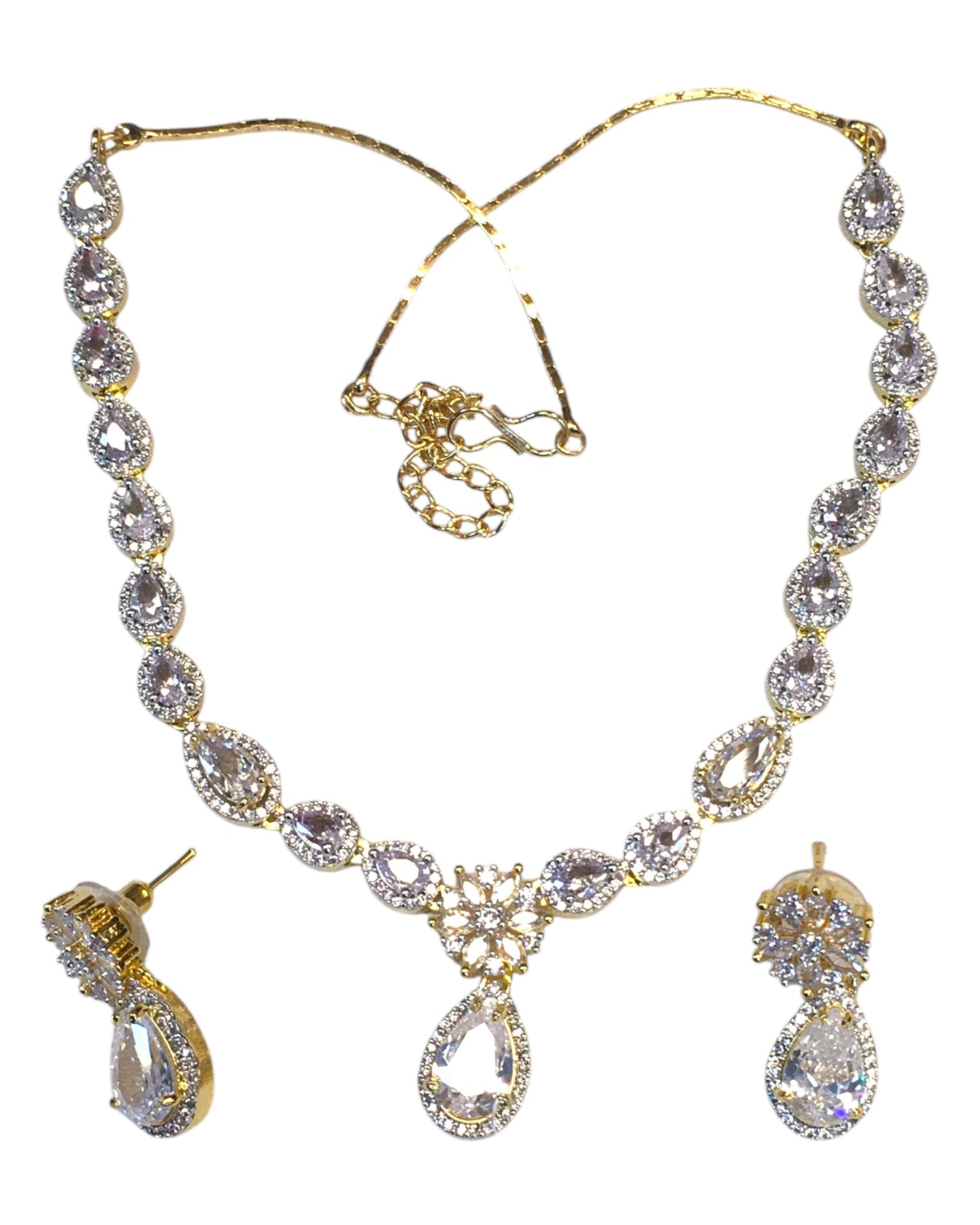 Clear - American Diamond Style Gold Finish Small Size Necklace Set with Earrings - AE2422 11H24
