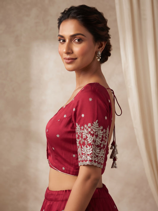 Size 36" / UK 10 - Red - Zari Embroidered Silk Blouse with Elbow-Length Sleeves - UK Stock - With Margin inside - VAM1296 - KY