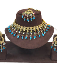 Sky / Light Blue - Large Size Antique Gold Finish Necklace Set with Earrings - HB999  KT 0424