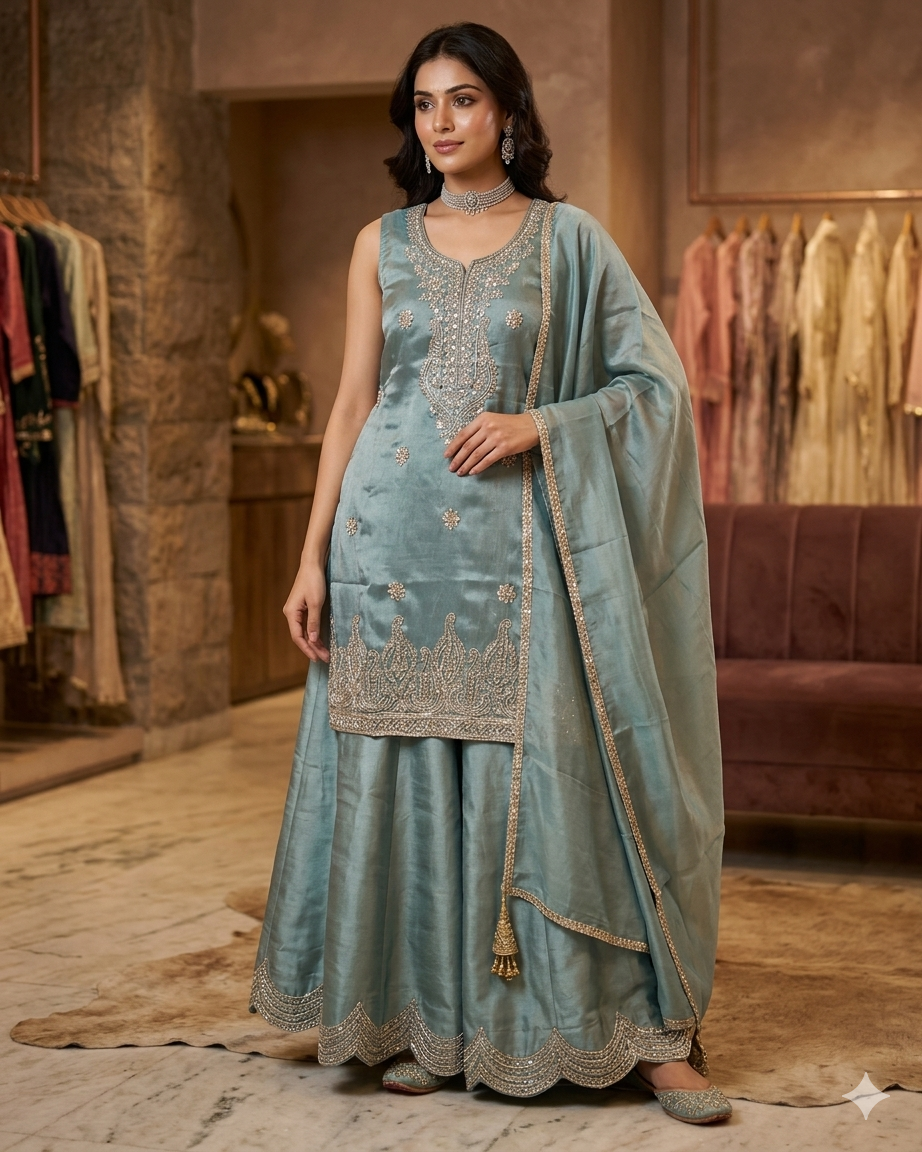 UK 12 / 38" - Light Blue - Ladies Sharara / Palazzo Trousers Suit - UK Stock - Sangeet / Henna / Weddings - DIL2740 TT