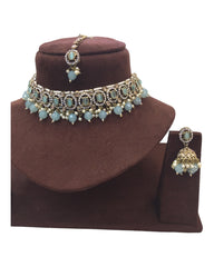 Sky Blue - Medium Reverse Stone Choker Necklace set - Bollywood - Weddings - MNA935 C 0923