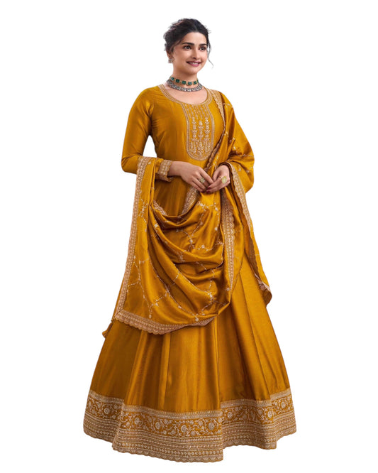 Cotton / Silky Mustard Haldi Yellow Anarakali  Long Dress with Trousers - Size 12 (Bust 38") - Extra Margin inside - VF67744 TY 1024