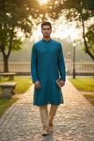 Teal - Banarasi Handloom Brocade Mens Indian Kurta set - UK Stock - Weddings / Walimas , Sangeet, Diwali, Eid, Mehndi / Henna - VEE2521 KJ