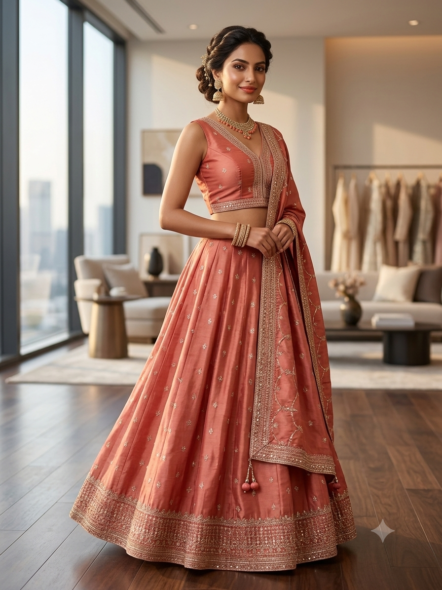 Size UK 14 (40" Pastel Coral Pink - Silky Lehenga Set - Mehndi / Sangeet / Bridesmaids / Weddings / Garba  - UK Stock - 24h Dispatch - OC561 07JV26